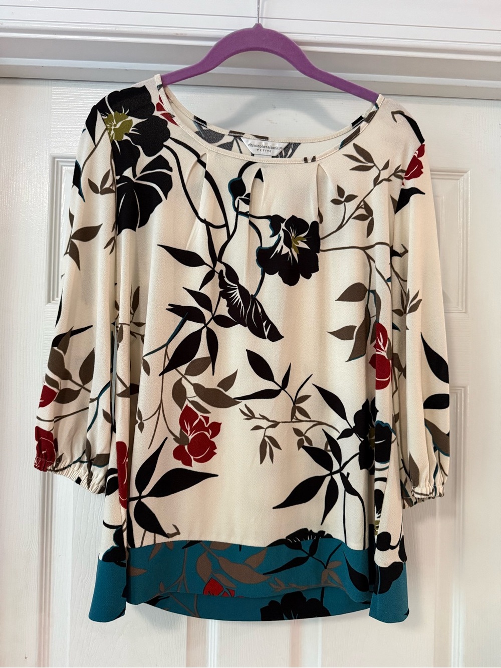 Christopher & Banks Cream Blouse with Black and Red Floral Print and Teal Hem